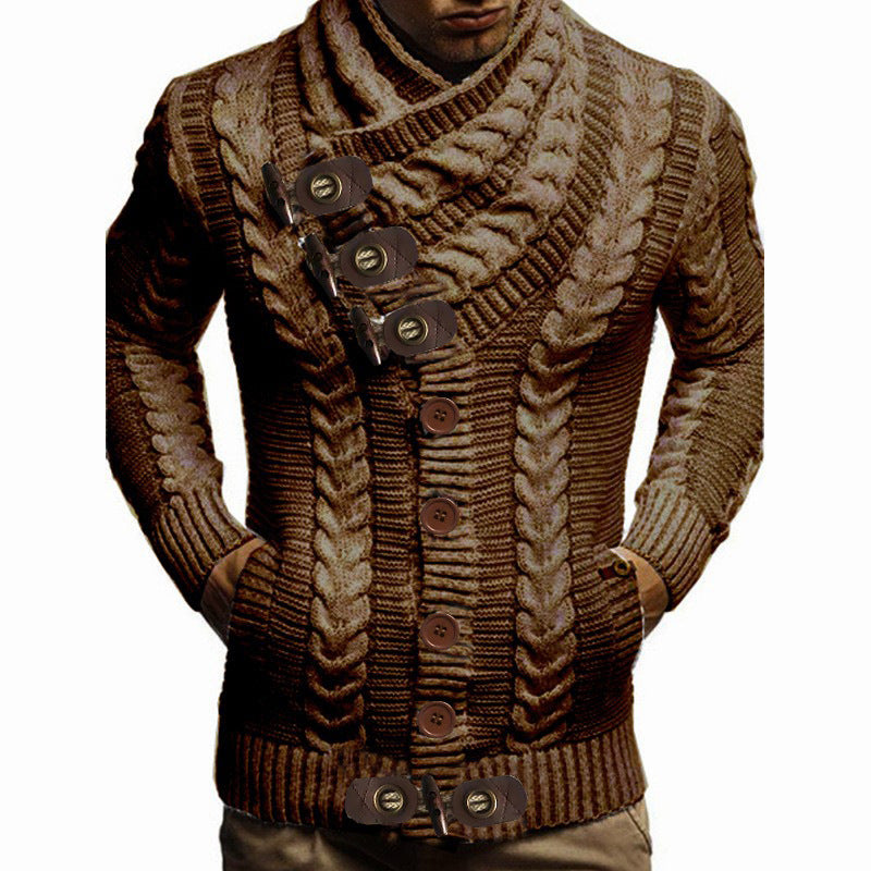 Street Wave Men's Cable Knit Cardigan With Large Collar And Bold Cable Pattern Versatile Style