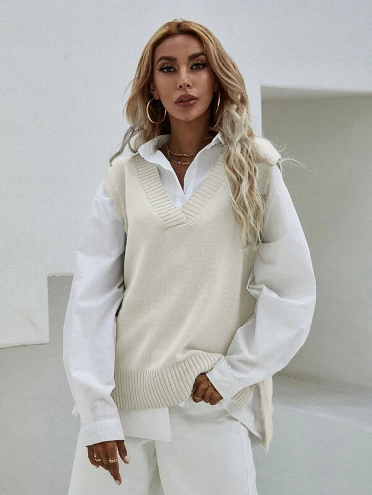 Street-wave Womens VNeck Knit Vest With Elegant Ribbed Texture For Everyday Style