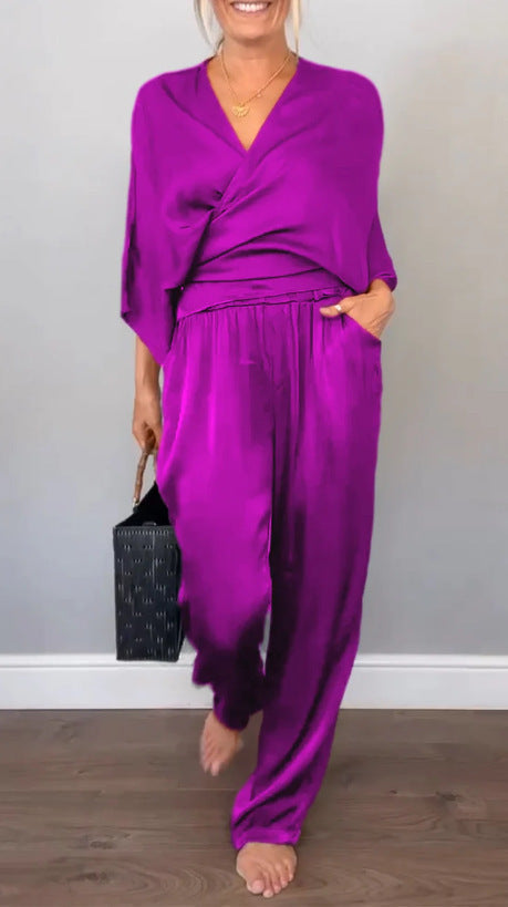 Street Wave Elegant Women Two Piece Satin Set For Office Or Evening Wear Versatile Chic Comfort