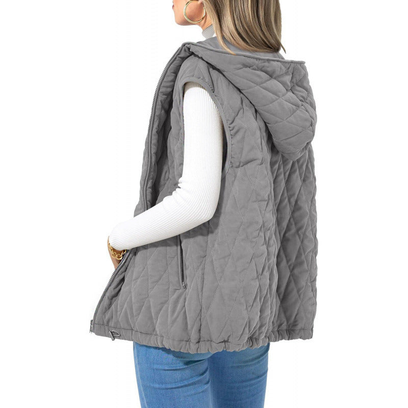Street-Wave Women Quilted Hooded Vest With Side Zip Pockets Cozy Versatile Outerwear