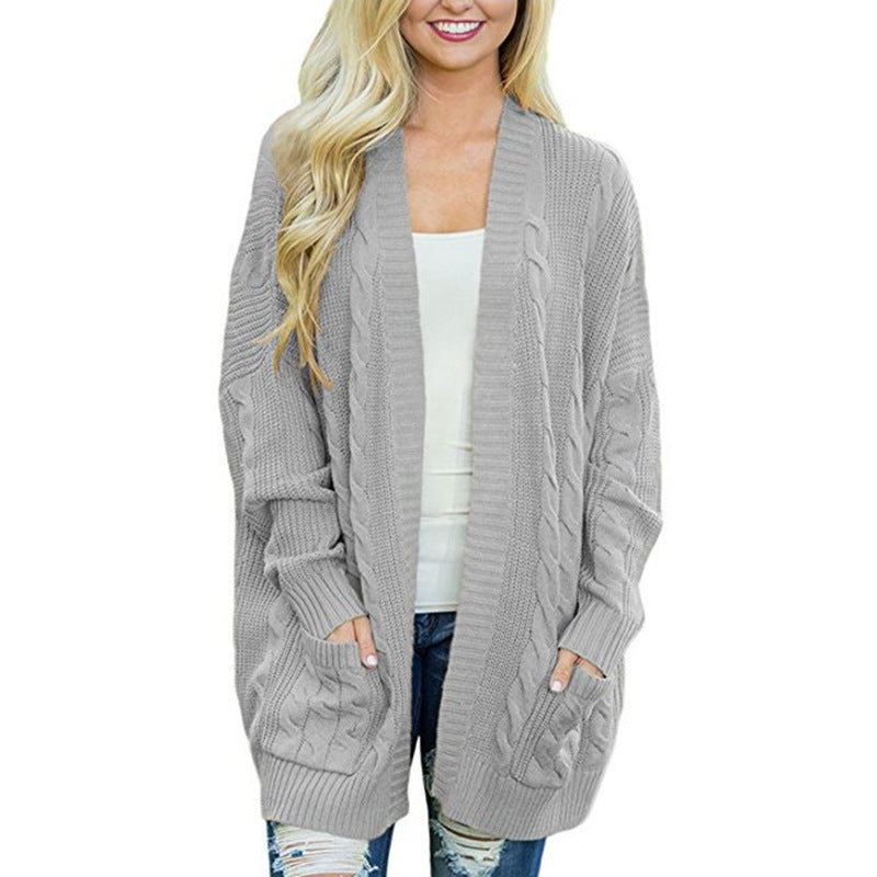 Street-wave Women's Cable Knit Cardigan With Generous Pockets Cozy Casual Knitwear