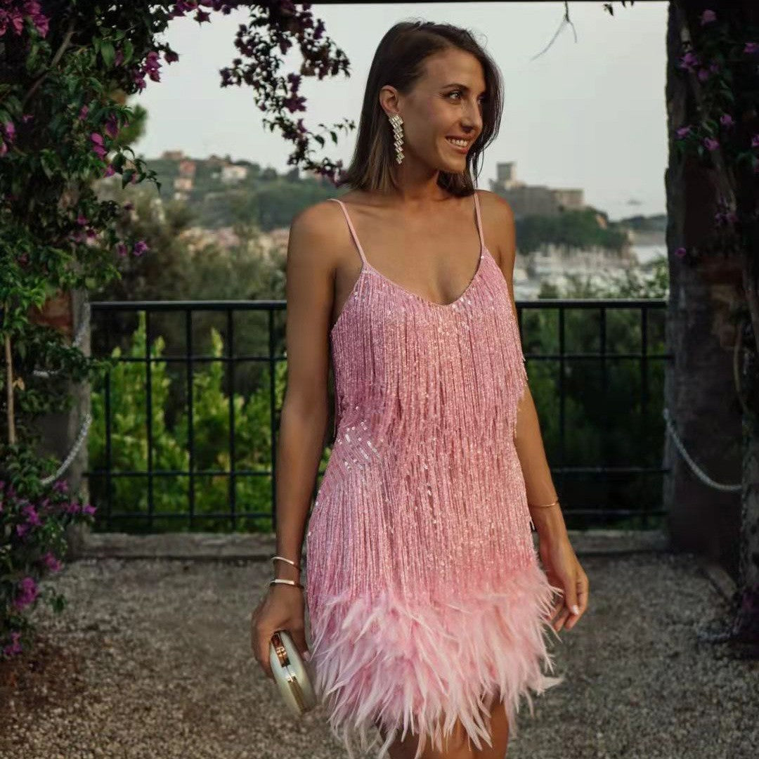 Street Wave Glittering Feathered Evening Dress For Women With Shimmering Accents