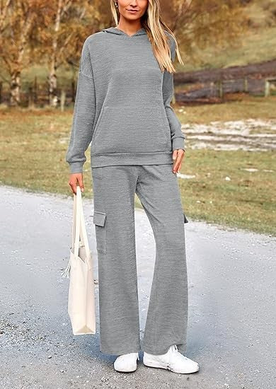 Street Wave Women Cozy Lounge Set With Hood And Wide Leg Pants For Home Comfort