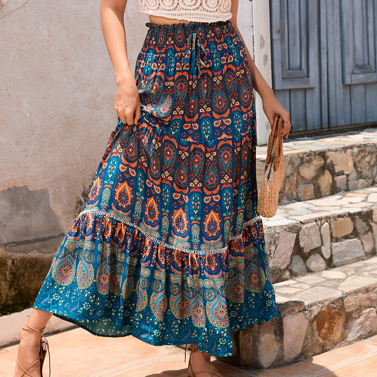 Street Wave Paisley Maxi Skirt With Playful Pattern And Ruffle Details For Women Boho Summer Look