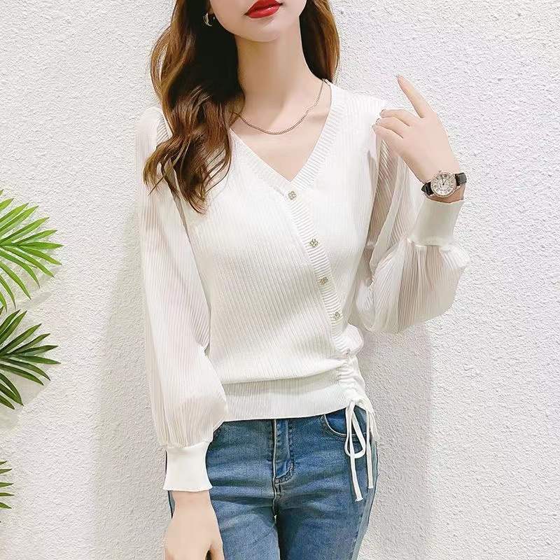 Street-Wave Women's Elegant Knit Sweater With Button Details And Sheer Sleeves For Style Conscious Women