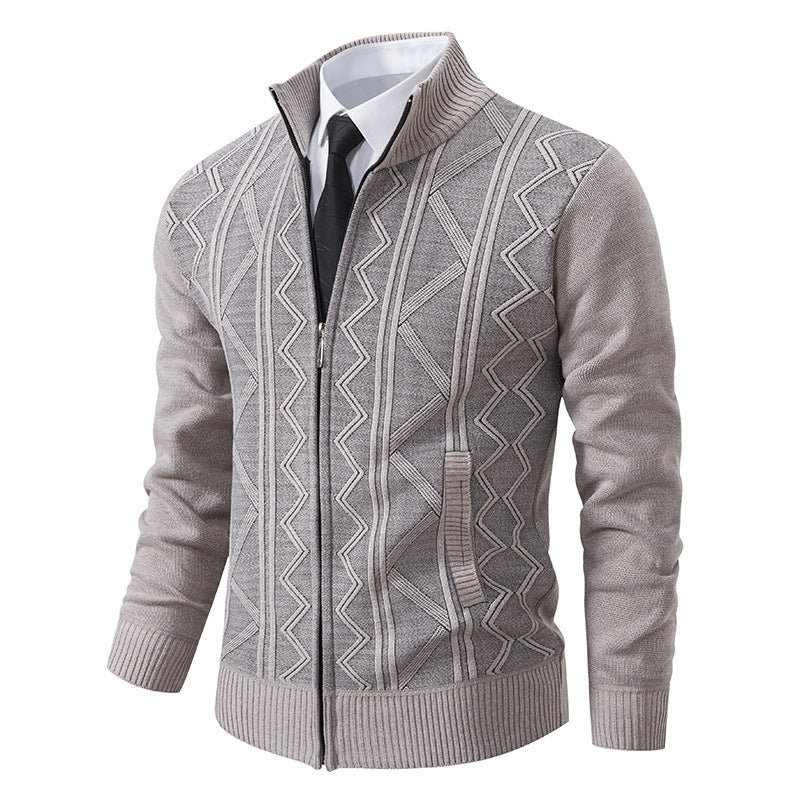 Street-Wave Mens Cable Knit Cardigan With Modern Zigzag Pattern For Smart Casual Comfort