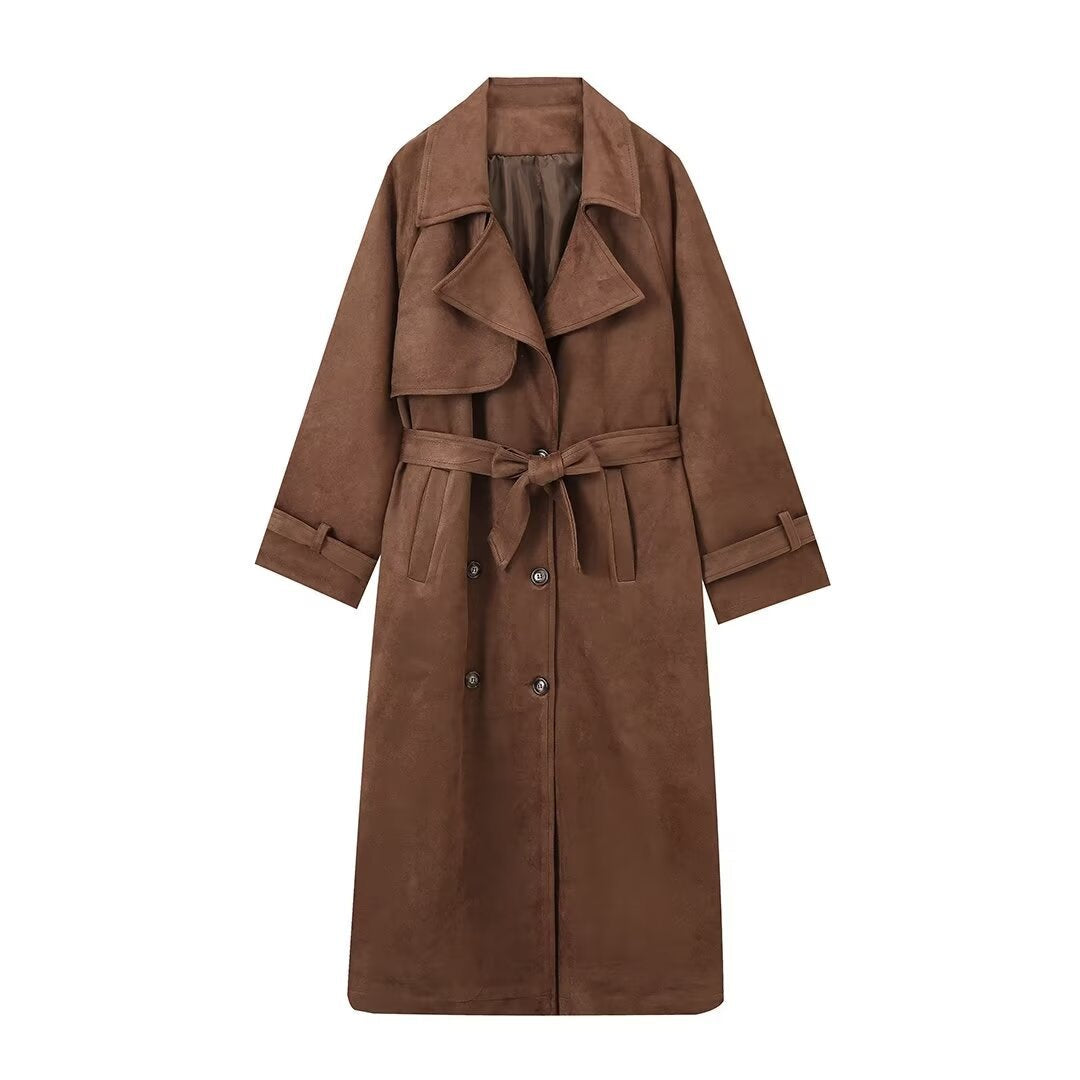 Streetwave Women Suede Trench Coat Belted Silhouette Elegant Brown Outerwear Luxurious