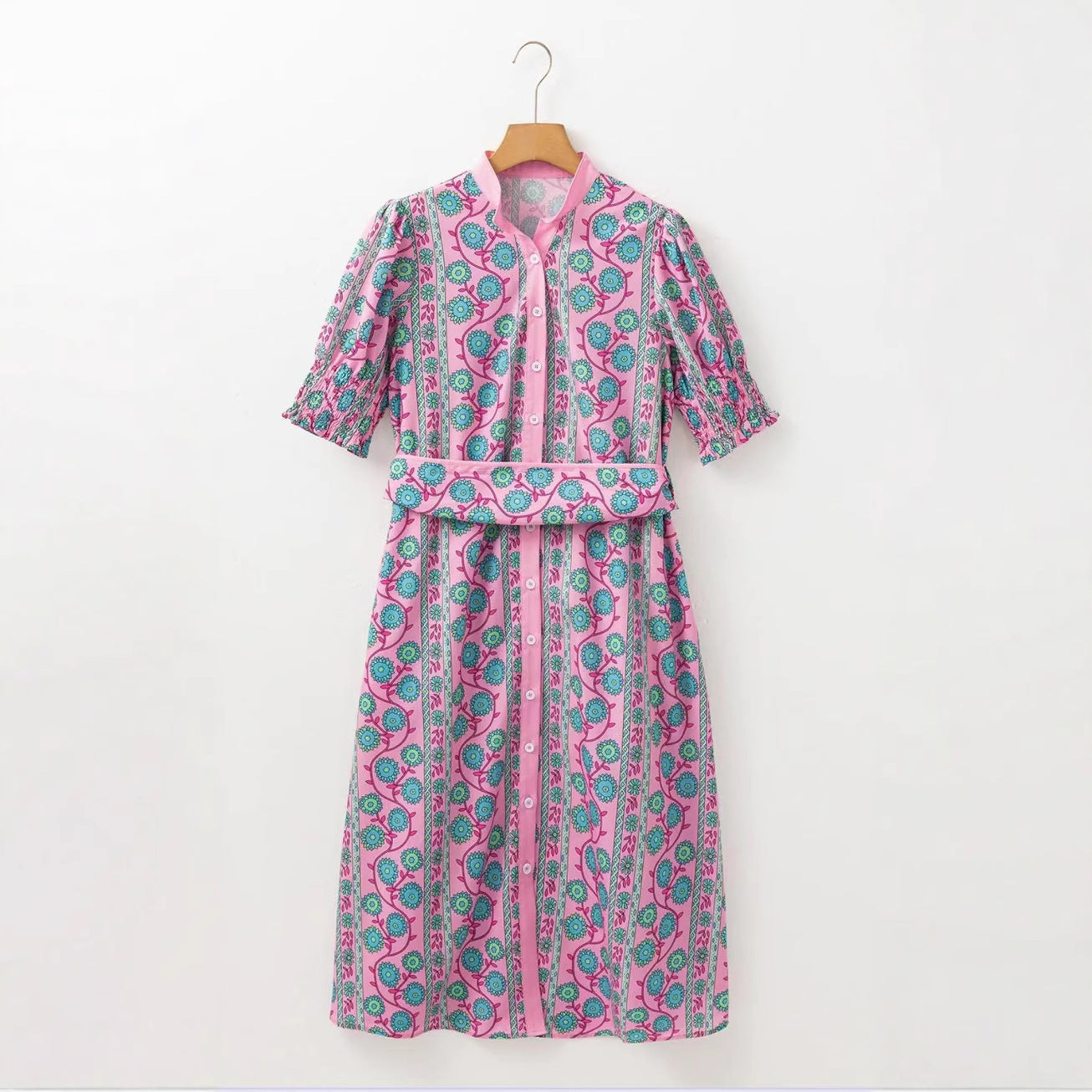 Street-Wave Floral Midi Dress With Belt High Waist Puff Sleeves For Women