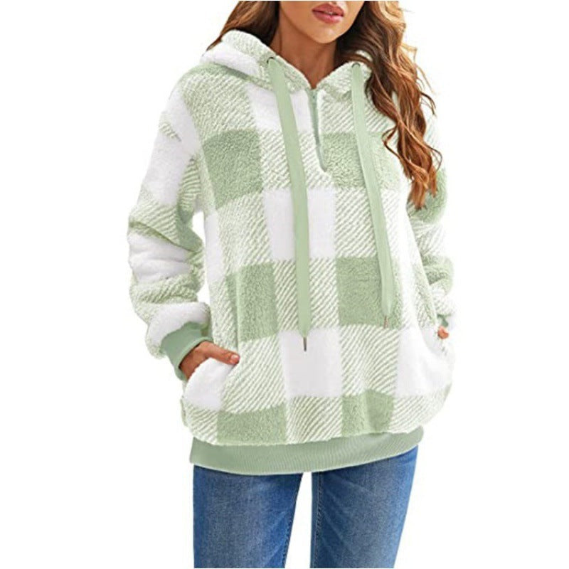 Street-wave Cozy Fleece Hoodie for Women Pink Plaid Warmth and Soft Comfort Everyday Wear