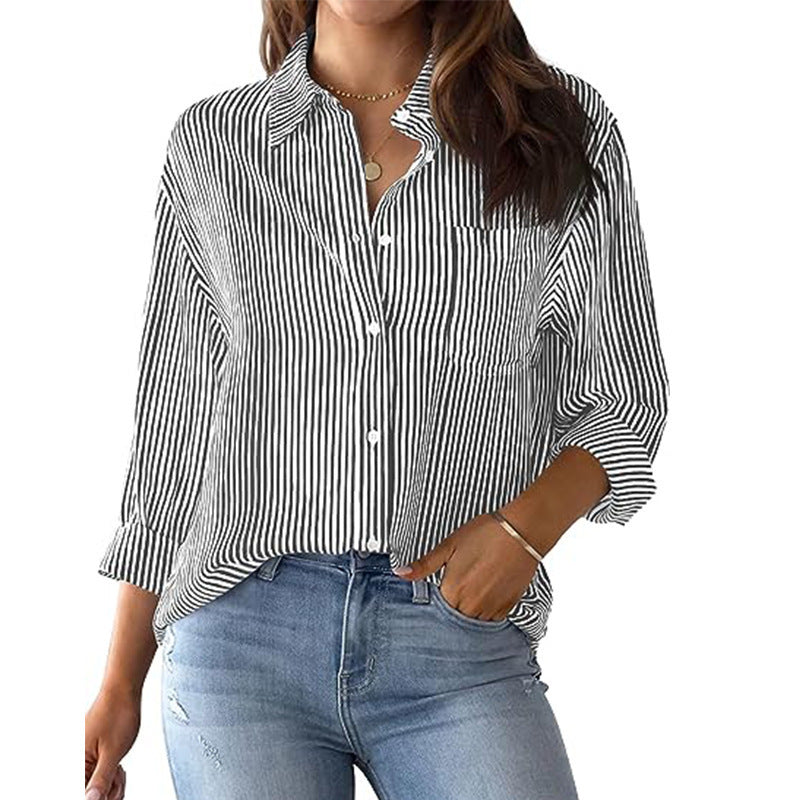 Street-Wave Womens Striped Button Down Blouse With Chest Pocket Breathable Everyday Shirt