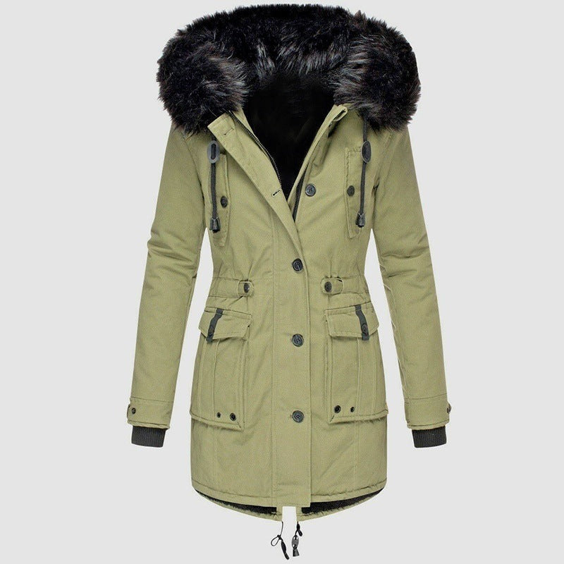 Street-Wave Long Winter Coat For Women With Fur Trim Hood And Button Closure For Cold Weather