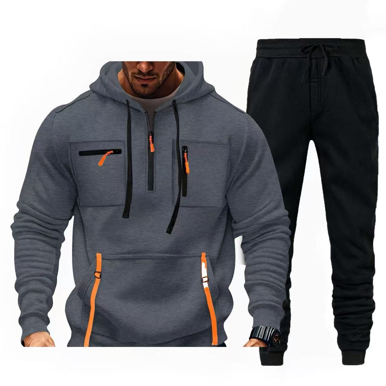 Street-wave Men's Multifunctional Hoodie And Jogger Set For Active Lifestyles With Zipper Pockets And Comfort
