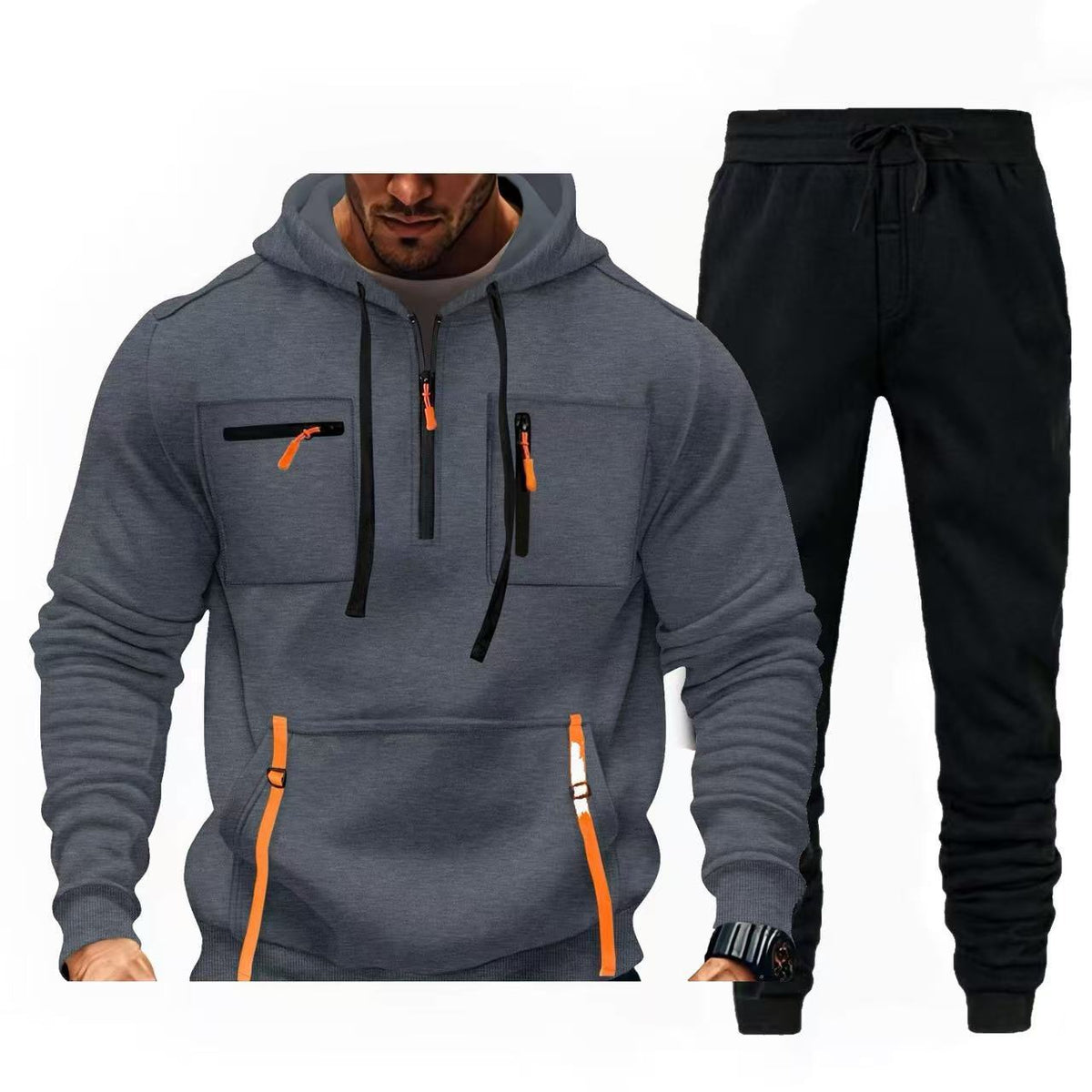 Street-wave Men's Multifunctional Hoodie And Jogger Set For Active Lifestyles With Zipper Pockets And Comfort