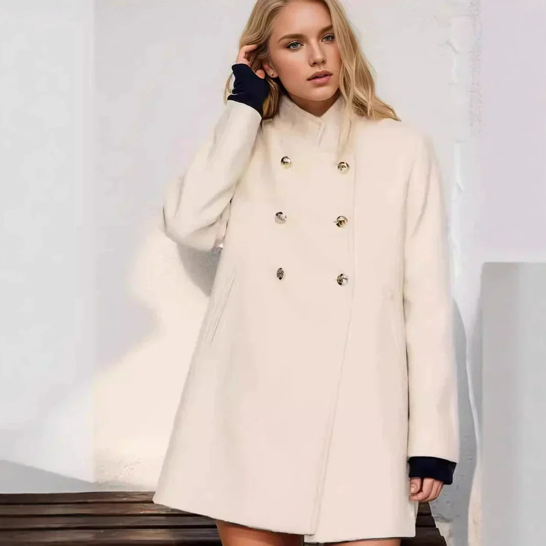 Street Wave Womens Wool Coat With Double Button Front And High Collar For Winter Warmth And Elegant Street Style