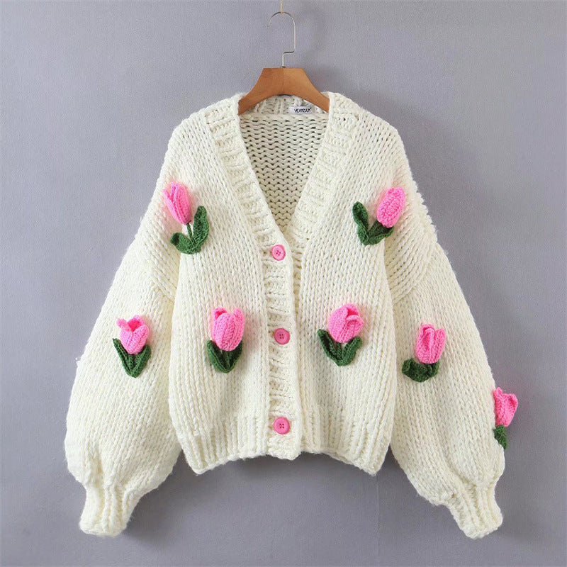 Street-Wave Floral Embroidered Oversized Knit Cardigan For Women Cozy Chic Statement Piece