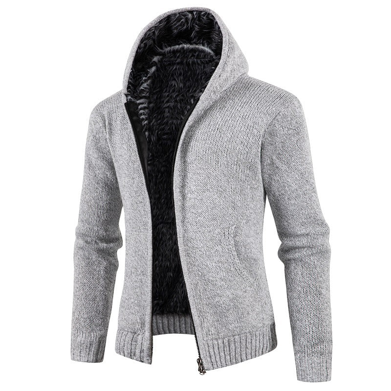 Street-wave Men's Knit Cardigan With Hood And Soft Inner Fleece Lining For Cozy Warmth
