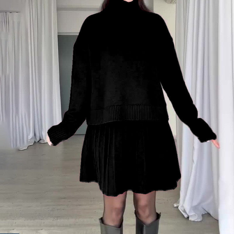 Street Wave Women Elegant Knit Set With Turtleneck Sweater And Flowing Skirt Cozy Chic Ensemble