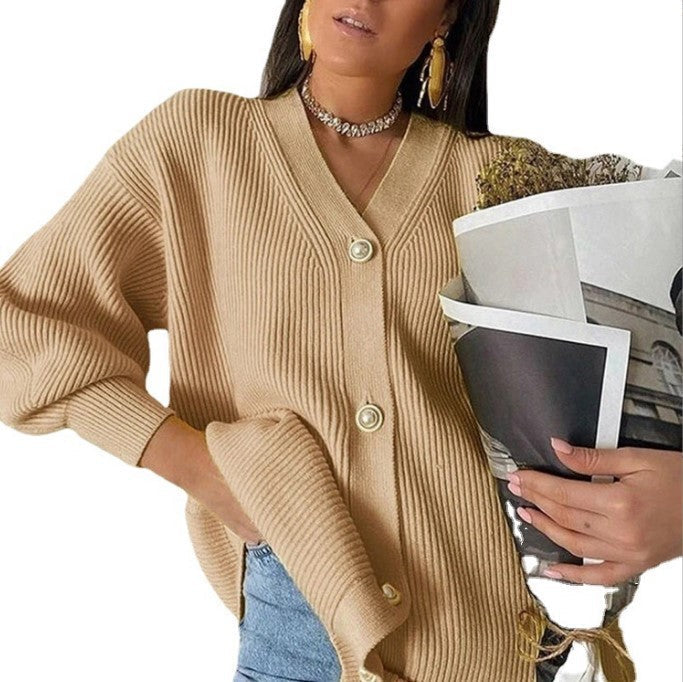 Street-Wave Women's Oversized Knit Cardigan With Deep V-Neck And Elegant Buttons