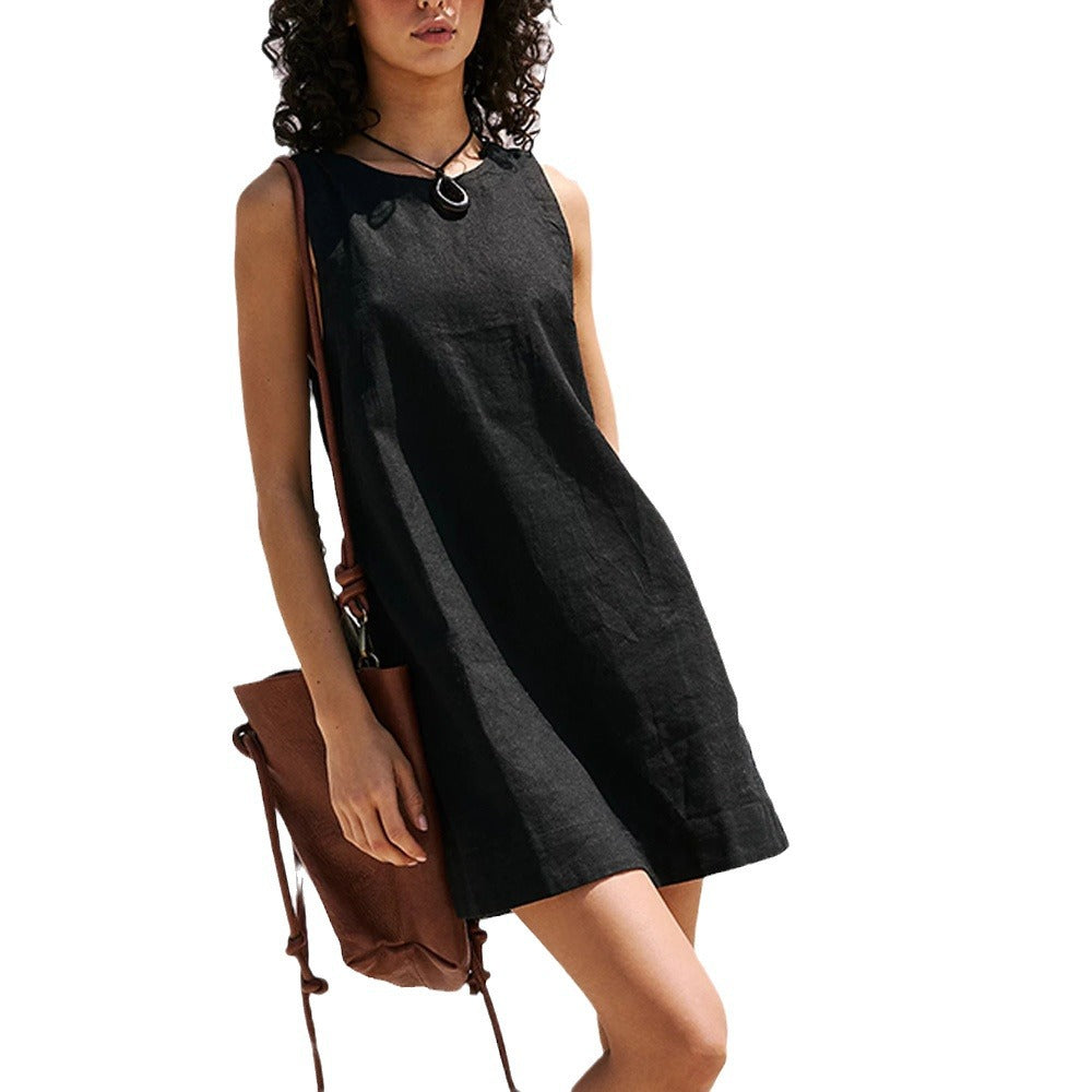 Street Wave Lightweight Linen Mini Dress Women Sleeveless Loose Fit Open Back