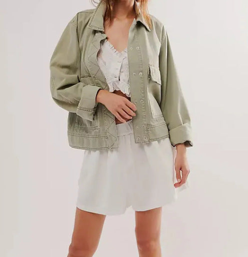 Street-wave Women's Oversized Olive Jacket With Front Pockets For Casual Everyday Comfort