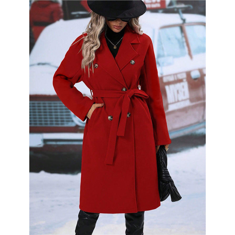 Streetwave Women Double Breasted Wool Coat Belted for Elegant Warmth and Style This Season