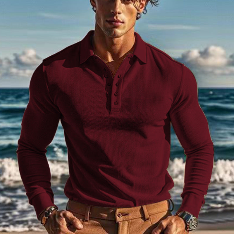 Mens Elegant Long Sleeve Polo With Button Placket Street-wave Structured Texture For Men