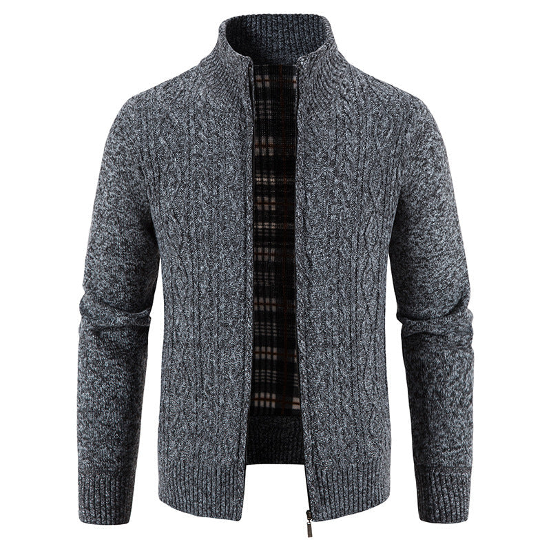 Street-wave Men's Knit Cardigan With High Collar And Textured Pattern For Smart Casual Wear