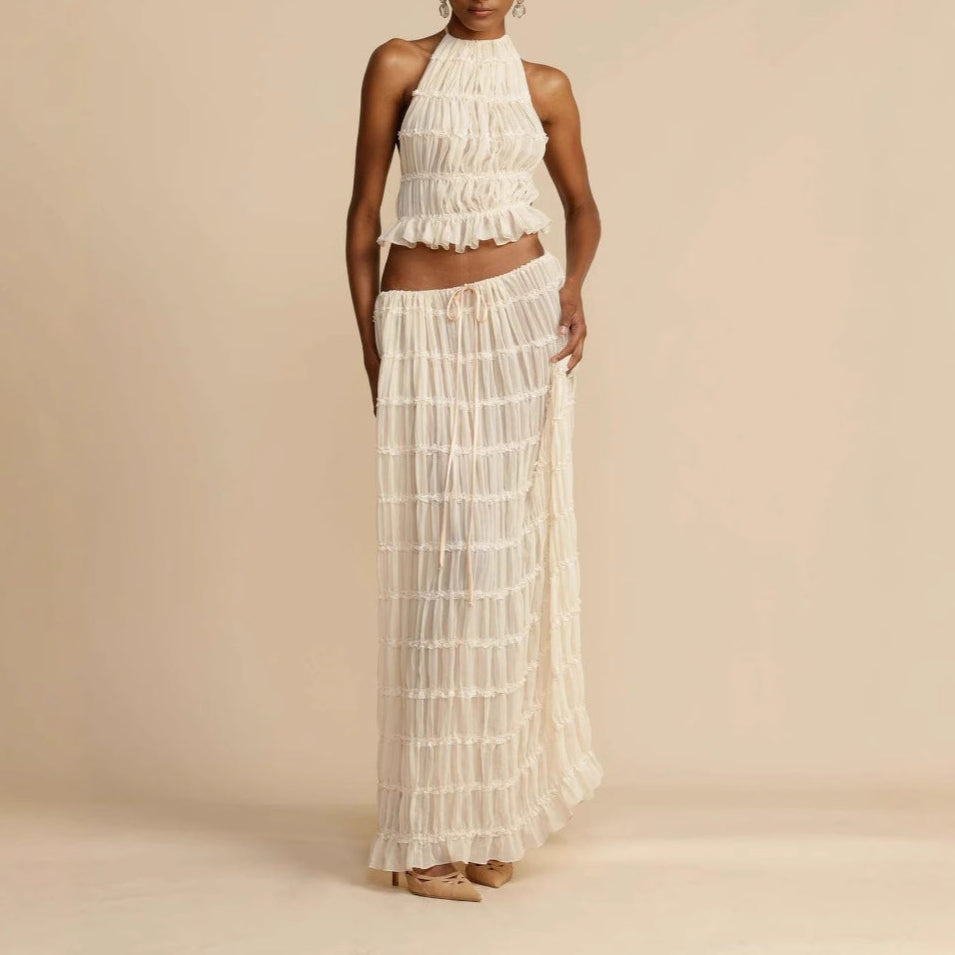 Street-Wave Womens Two-Piece Set Ruched Halter Crop Top Elastic Waist Maxi Skirt