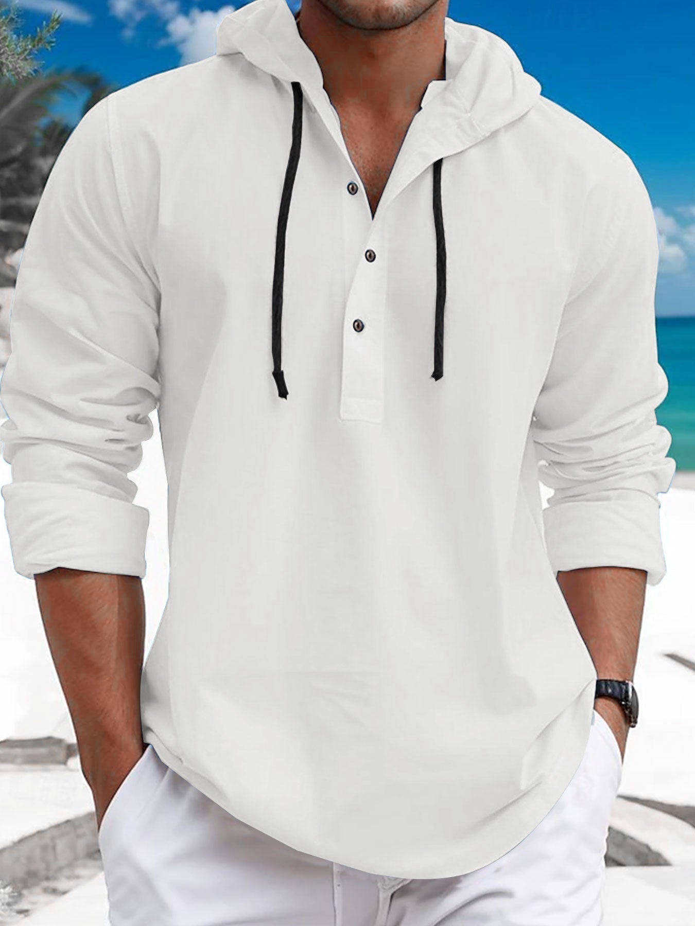 Street-Wave Men's Breathable Hooded Pullover With Button Placket For Casual Beachwear