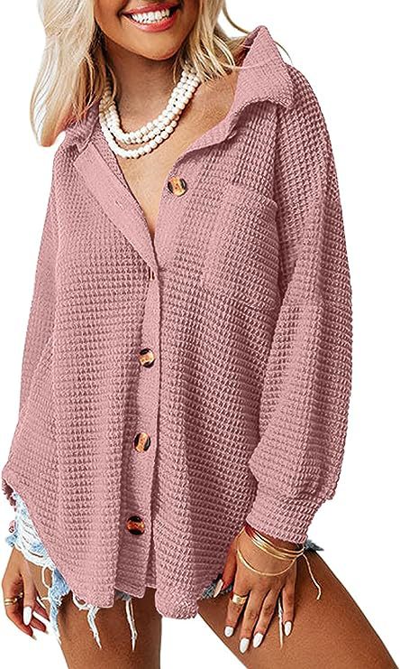 Street Wave Waffle Knit Shirt Jacket Women Oversized Casual Button Front Cozy Chic Everyday Layering