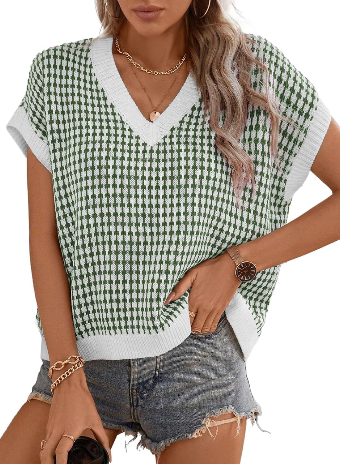 Street Wave Womens V Neck Geometric Knit Sweater Casual Chic Everyday Top For Women