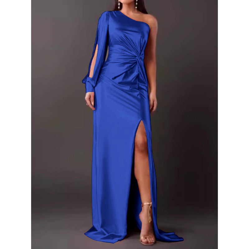 Street Wave Satin One Shoulder Maxi Dress For Women With Slim Fit And High Slit