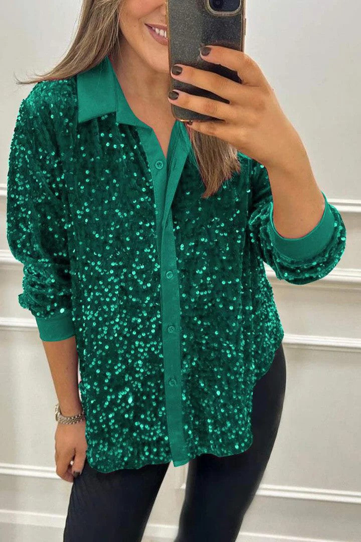 Street-Wave Womens Sequin Blouse With Classic Collar Sparkling Evening Glamour Top