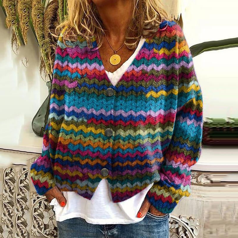 Street-wave Patchwork Cardigan For Women Colorful Knit With Button-Down Style Effortless Chic