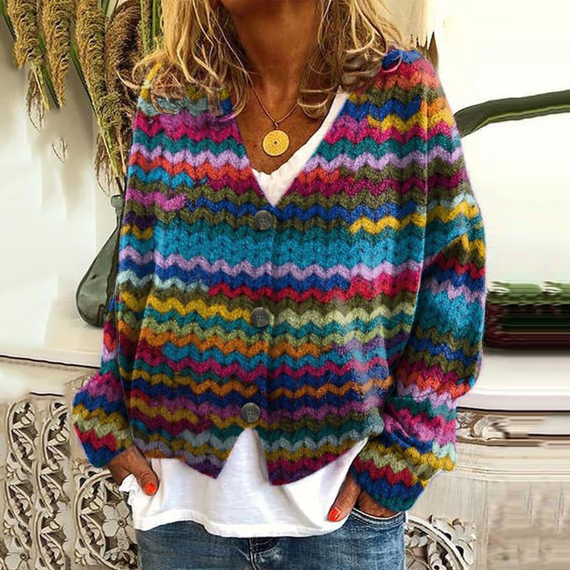 Street-wave Patchwork Cardigan For Women Colorful Knit With Button-Down Style Effortless Chic