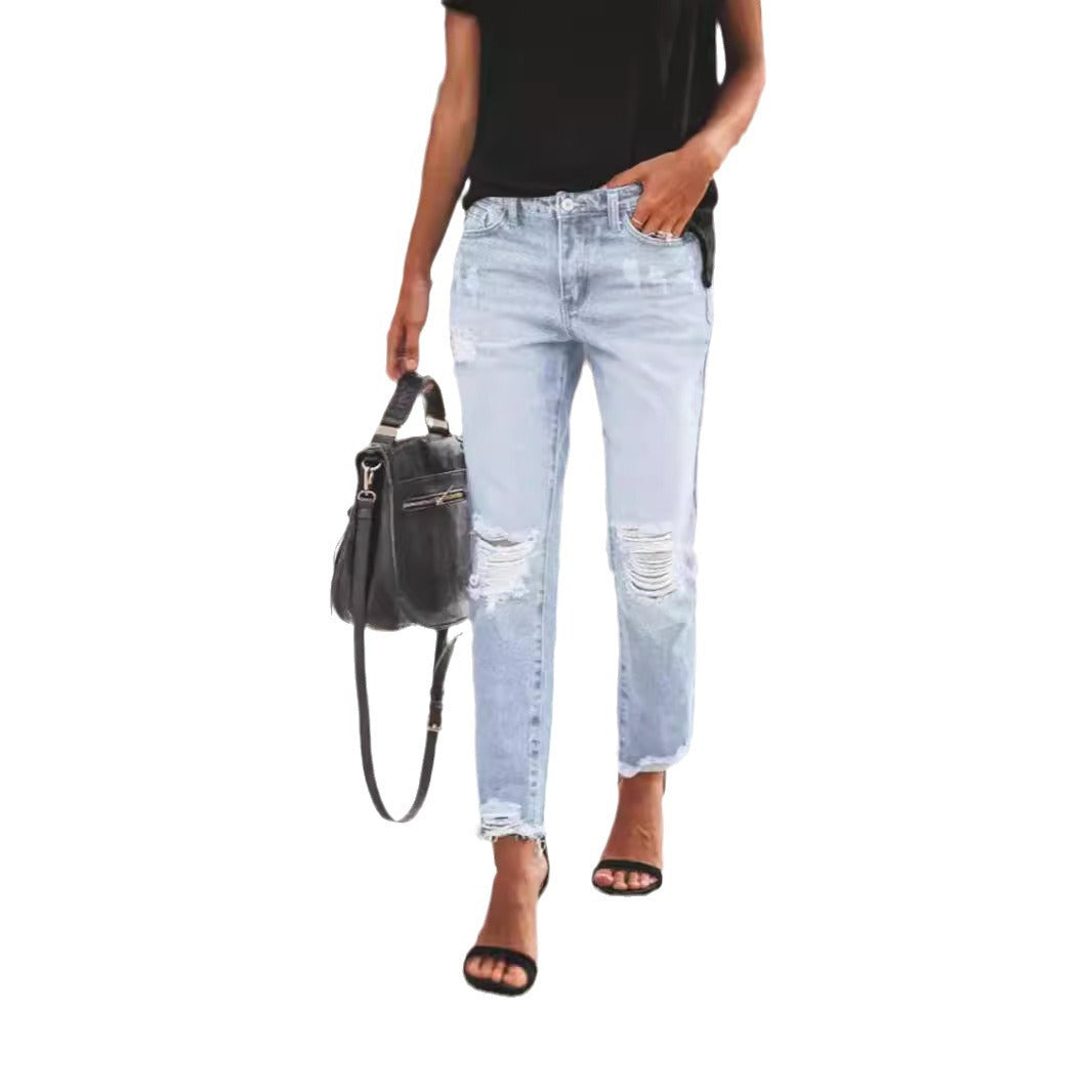 Street-wave Women's Distressed Denim Jeans With Comfortable Fit For Everyday Style