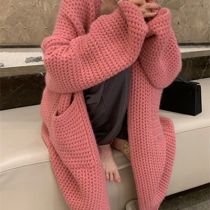 Street-wave Women's Long Knit Cardigan With Practical Pockets And Cable Knit For Cozy Everyday Wear
