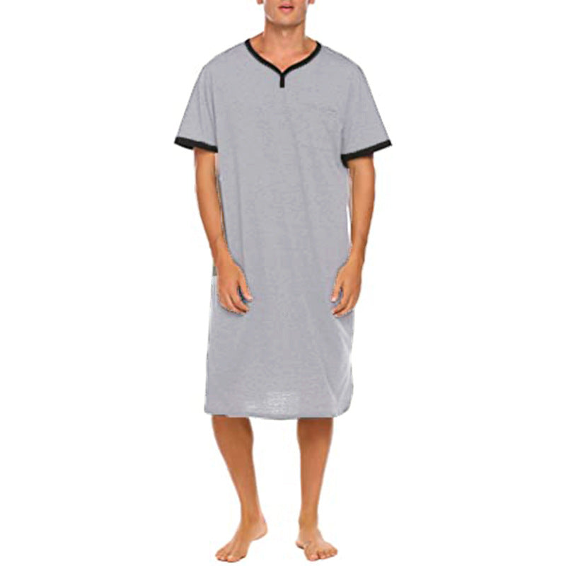 Street Wave Mens Nightshirt V Neck With Chest Pocket Breathable Sleepwear For Men