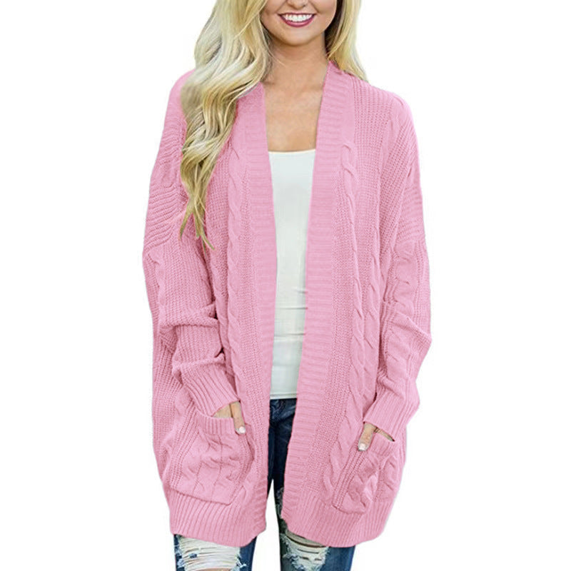 Street-wave Women's Cable Knit Cardigan With Generous Pockets Cozy Casual Knitwear