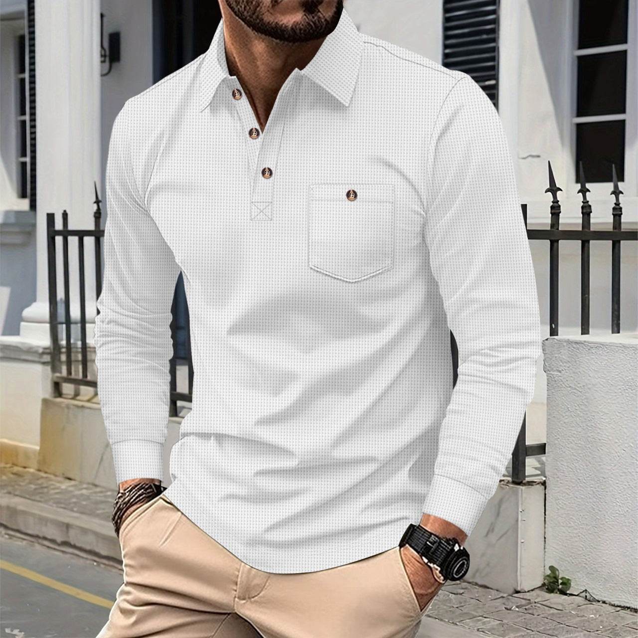 Street-Wave Mens Long Sleeve Polo Shirt Breathable Durable Fabric Versatile For Casual Or Formal Wear