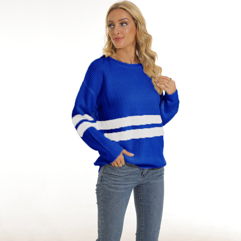 Street-wave Women’s Chunky Knit Sweater With Sport Stripe Pattern, Relaxed Fit, Cozy Everyday Warmth