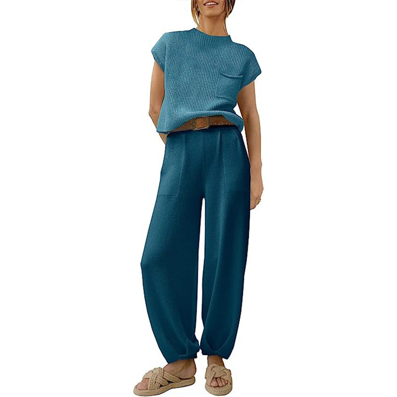 Street Wave Women's Knit Set Cropped Top Chest Pocket High Waist Wide Pants