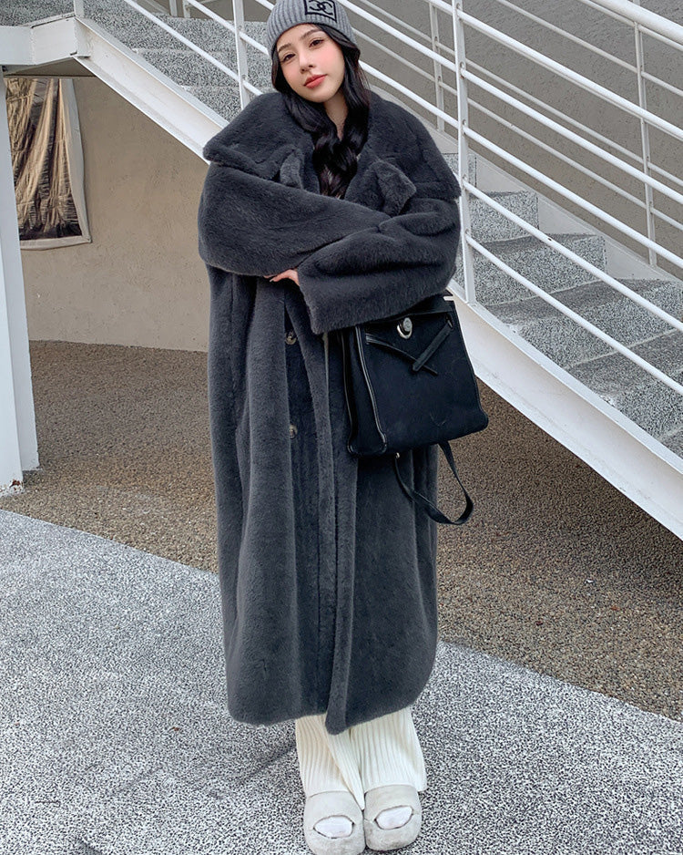 Street-Wave Faux Mink Long Coat For Women With High Collar And Double Button Closure, Premium Warmth And Chic Style