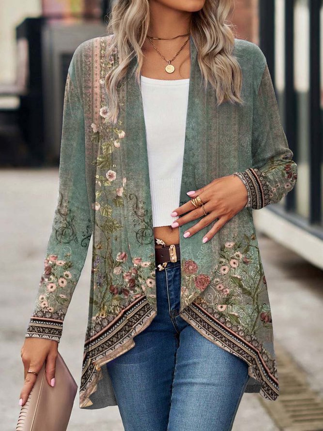 Street Wave Floral Open Front Long Jacket For Women Boho Chic Transitional Outerwear