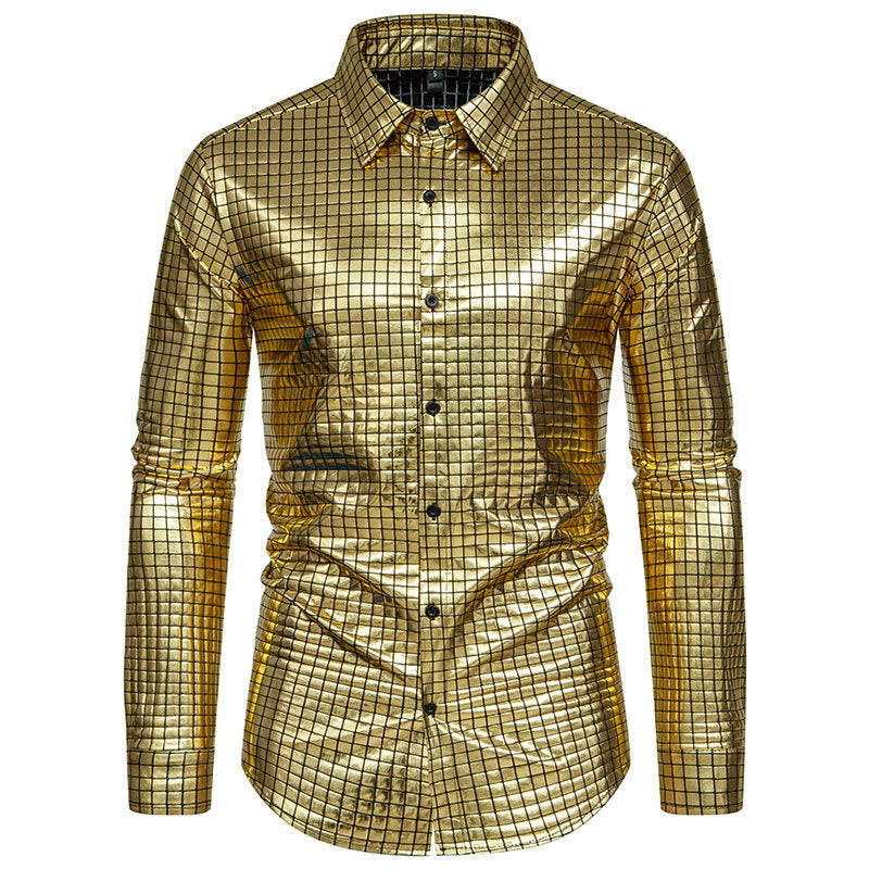 Street Wave Mens Shiny Shirt With Exclusive Square Pattern For Festive Glam Look