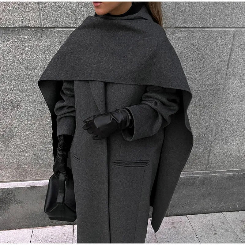 Street-wave Oversize Wool Coat With Chic Hood Attachment For Women Elegant Warm Everyday