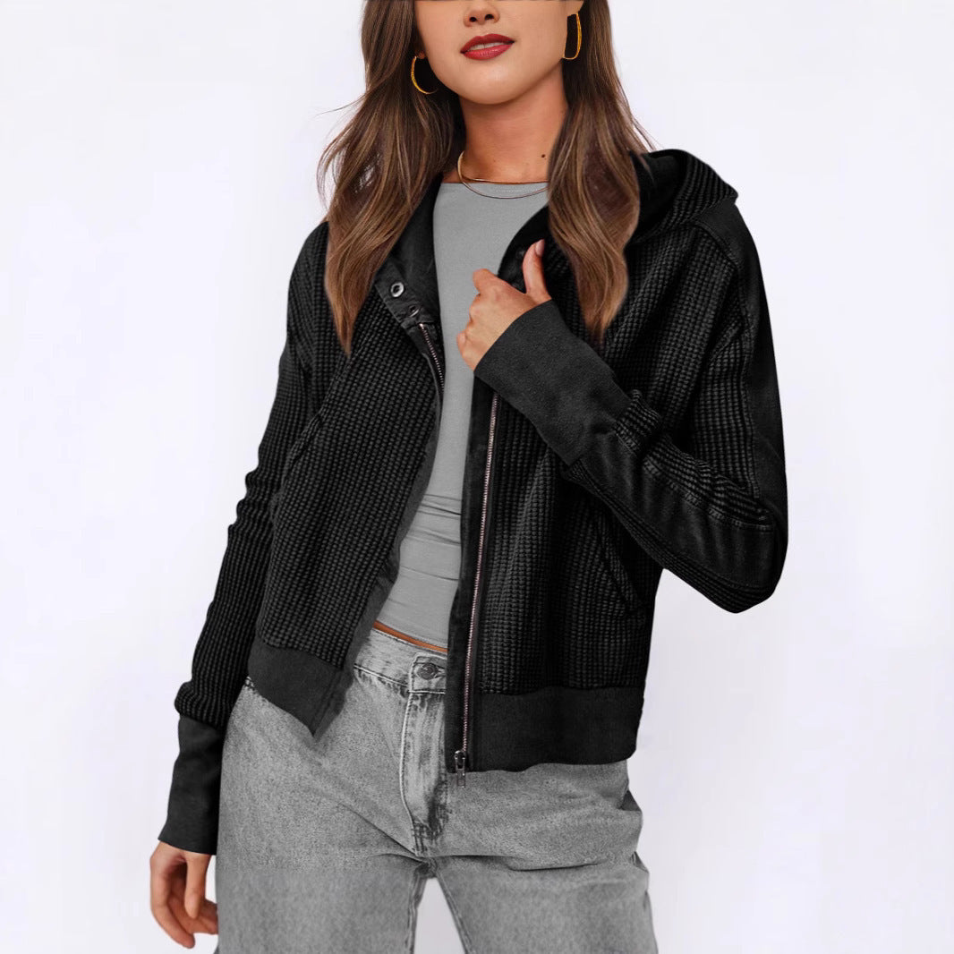 Street-wave Women's Textured Knit Zip Hoodie Jacket With Hood Cozy Structured Everyday Wear