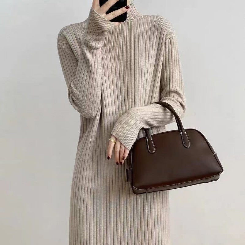 Street-Wave Women Knit Dress With High Collar And Ribbed Texture Cozy Elegant Winter Wear