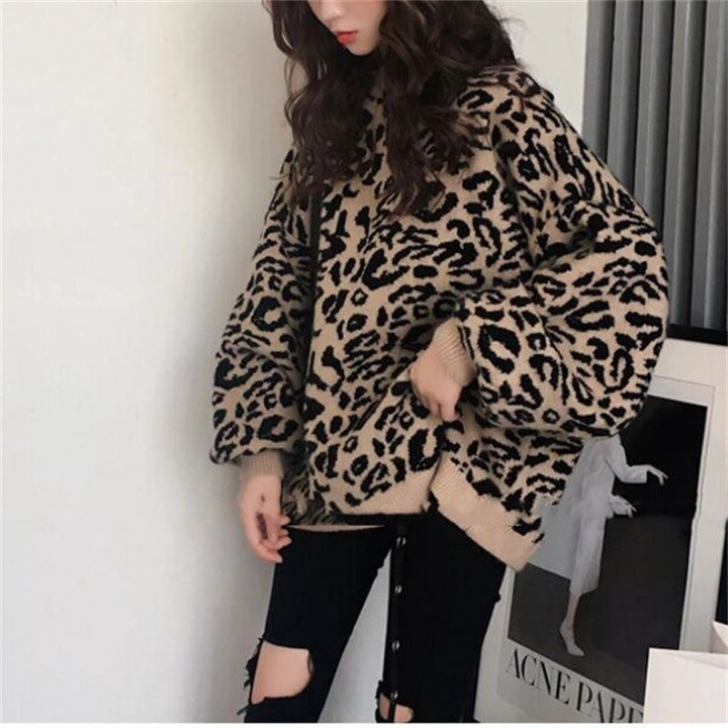 Street-Wave Women Oversized Leopard Print Knit Sweater Soft Cozy Material Must-Have Chic