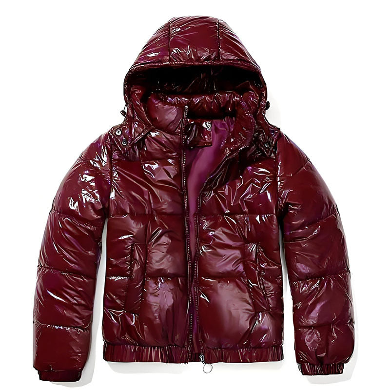 Street Wave Women's High Gloss Quilted Puffer Jacket With Removable Hood Sleek Warm Versatile Outerwear